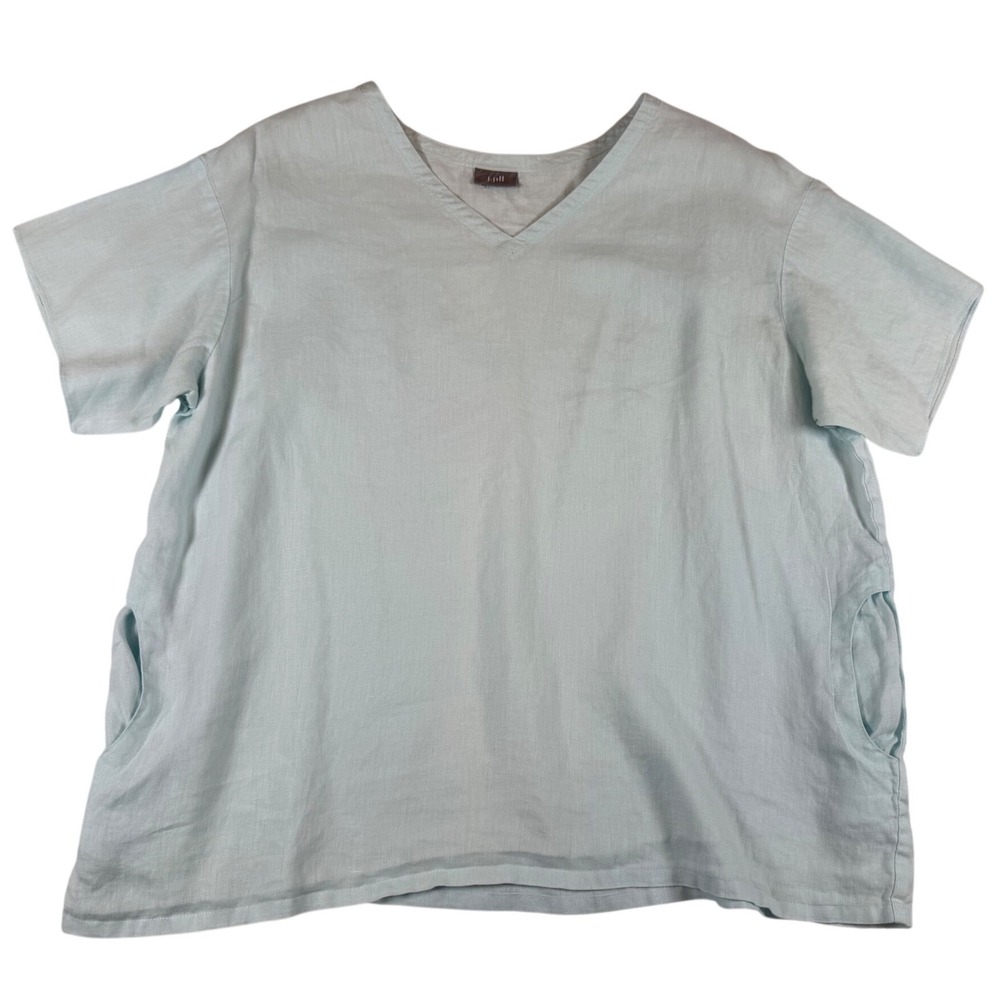 J. Jill Light Blue 100% Linen V-Neck Short Sleeve Tunic Top with Pockets 1X 2X